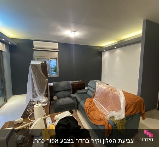 צביעת סלון בדירה מרוהטת עם קירות אפורים וריהוט מכוסה בניילון